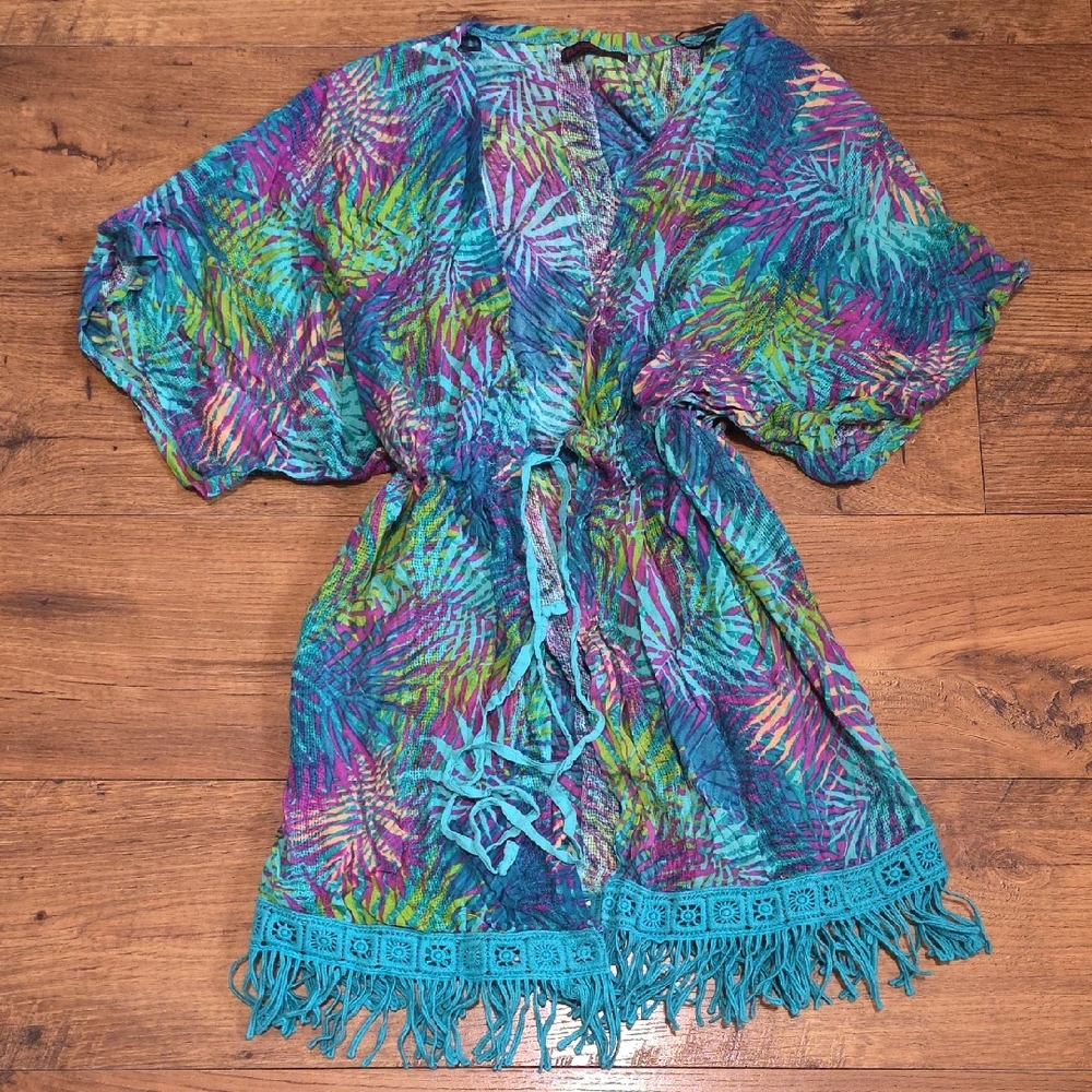 Vibrant Multicolor Tropical Print Beach Cover-Up with Fringe